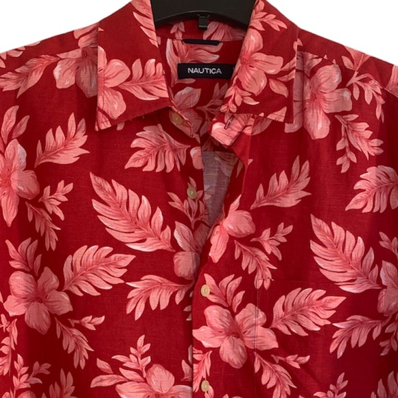Tropical Linen Hawaiian Shirt Island Hibiscus Luau Print Pattern Nautica Large - Picture 16 of 16